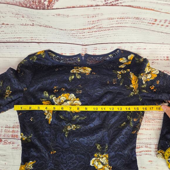Dark Blue Lace Dress Yellow Roses M Bell Sleeve Line Whimsigoth Fairy Witch NWT - Picture 11 of 16